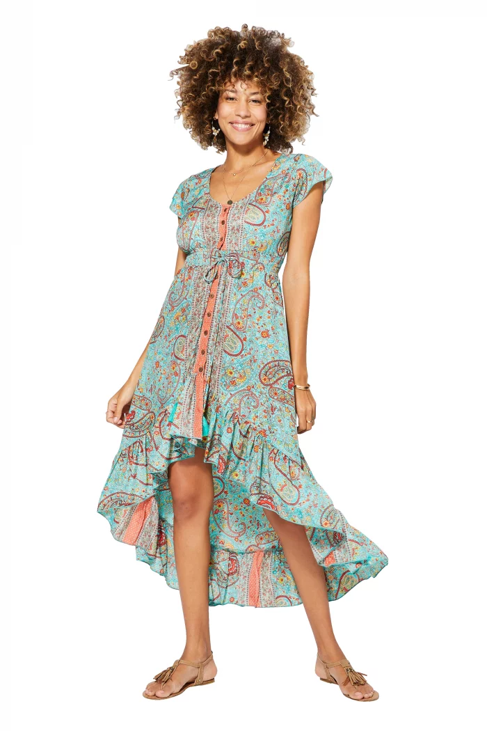 Longue Robe asymétrique Turquoise à motifs oranges - MAXIPA3078A – Image 1