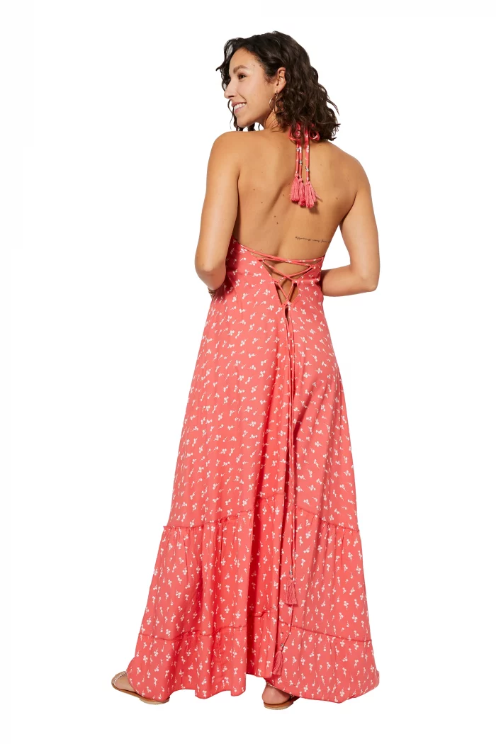 Robe longue dos nu Corail à fleurs blanches - MAXIPAV0006A – Image 2