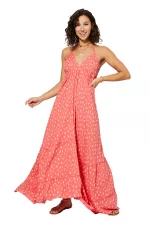Robe longue dos nu Corail à fleurs blanches - MAXIPAV0006A