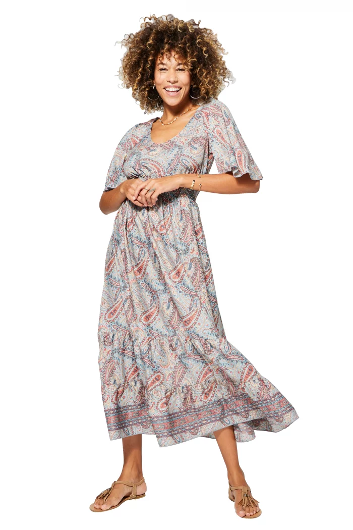 Longue Robe évasée Beige à motifs bohèmes - MAXIPA3080B – Image 1
