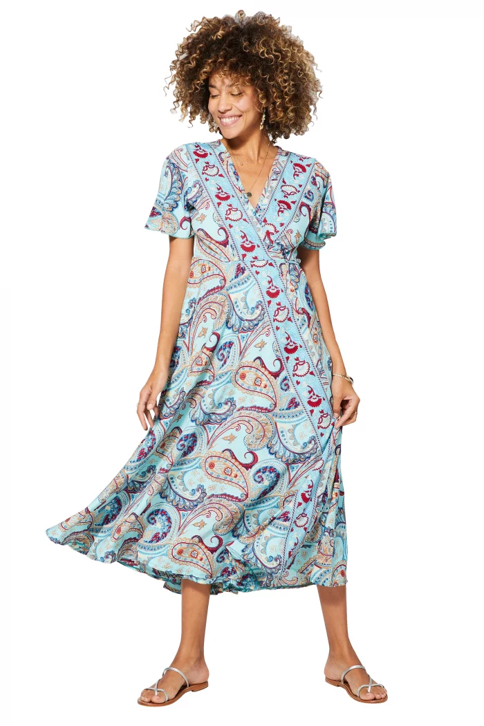 Longue Robe à nouer Bleu clair à motifs rouges - MAXIPA3075D – Image 1