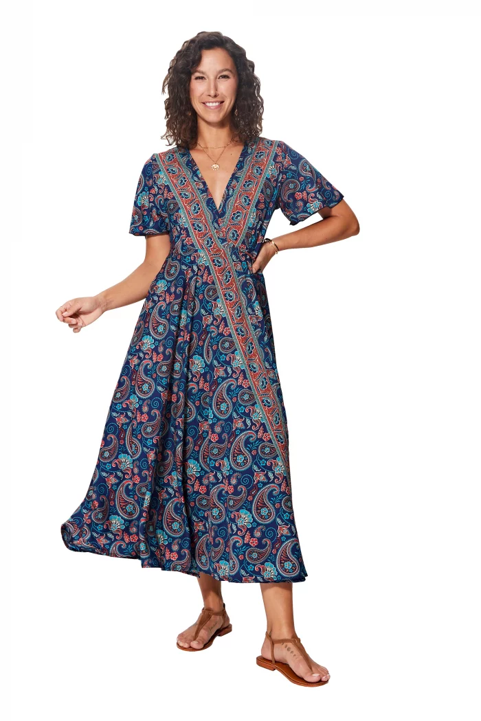 Longue Robe à nouer Bleu nuit à motifs rouges - MAXIPA3075E – Image 1