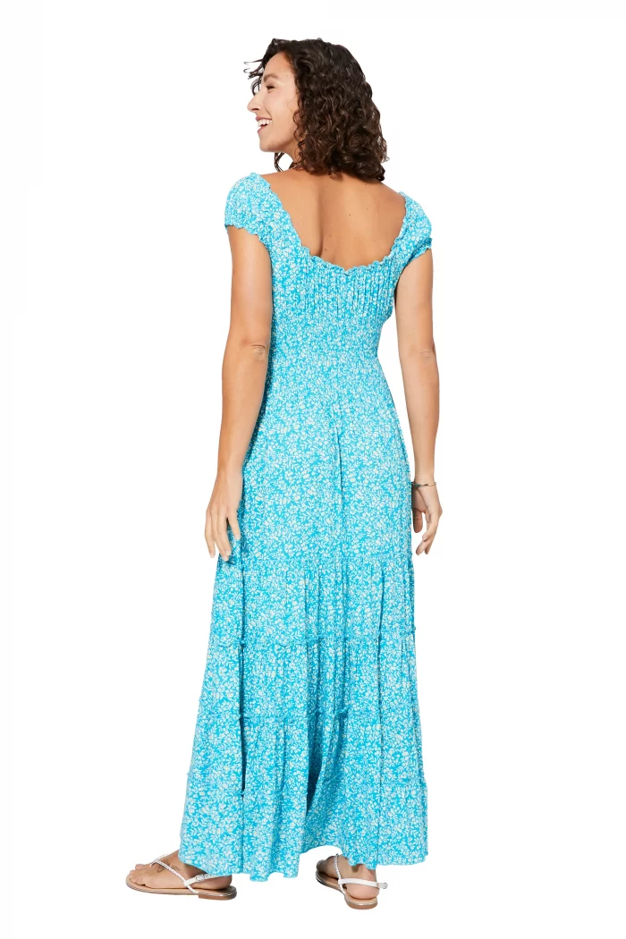 Robe longue évasée Bleue à fleurs blanches - MAXIPAV0013B – Image 2