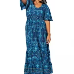 Longue Robe évasée Bleue à motifs bohèmes - MAXIPA3080A