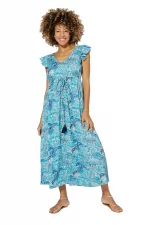 Longue Robe évasée Bleue à motifs bohèmes - MAXIPA3074A