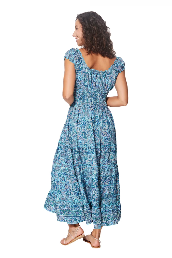 Longue Robe à col en V Bleue à motifs bohèmes - MAXIPA3068A – Image 2