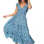 Longue Robe à col en V Bleue à motifs bohèmes - MAXIPA3068A