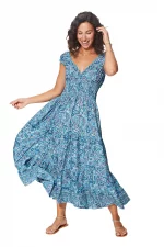 Longue Robe à col en V Bleue à motifs bohèmes - MAXIPA3068A