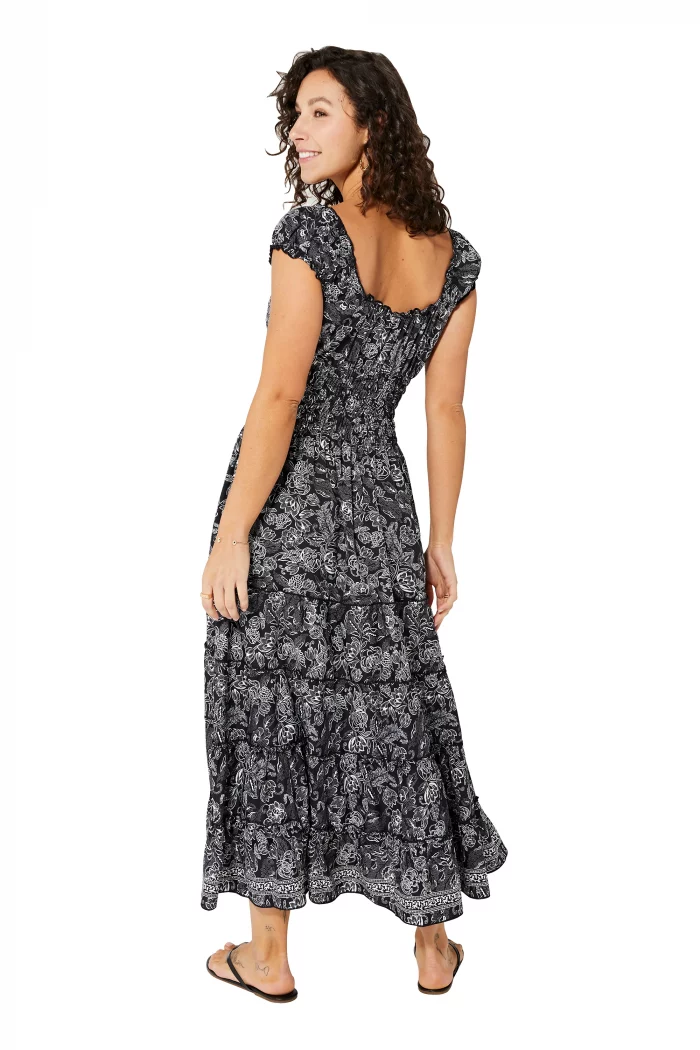 Longue Robe à col en V Noire à fleurs blanches - MAXIPA3068B – Image 2