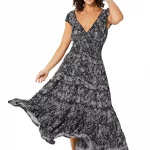 Longue Robe à col en V Noire à fleurs blanches - MAXIPA3068B