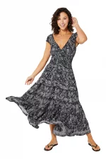 Longue Robe à col en V Noire à fleurs blanches - MAXIPA3068B