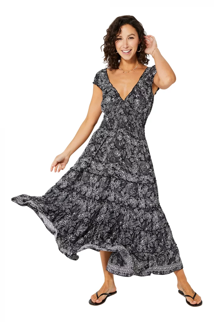 Longue Robe à col en V Noire à fleurs blanches - MAXIPA3068B – Image 1