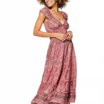Longue Robe à col en V Rose à motifs bohèmes - MAXIPA3068C
