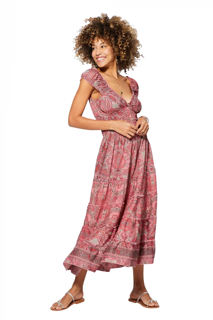 Longue Robe à col en V Rose à motifs bohèmes - MAXIPA3068C – Image 1