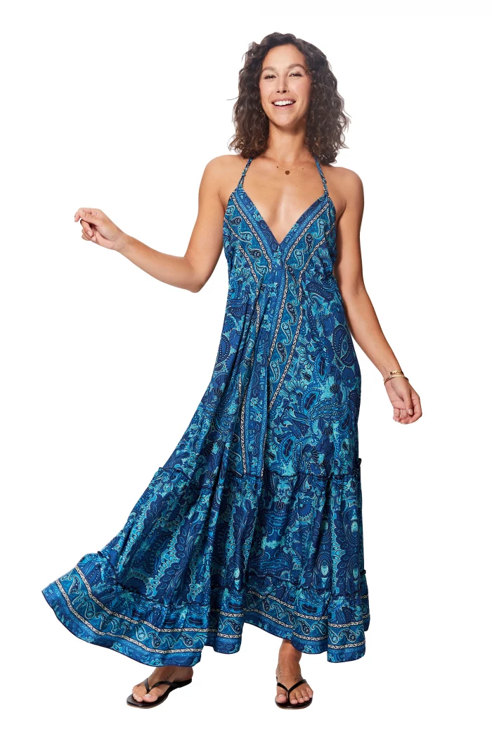 Longue Robe dos nu Bleue à motifs - MAXIPA3055B – Image 1
