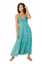 Robe longue évasée à bretelles Turquoise bohème - MAXIPA3061B