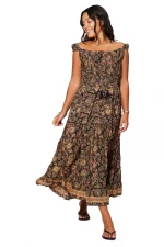 Longue Robe Noire à motifs à col bateau - MAXIPA3069A