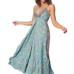 Robe longue col en v Bleue à fleurs - MAXIPA3063B