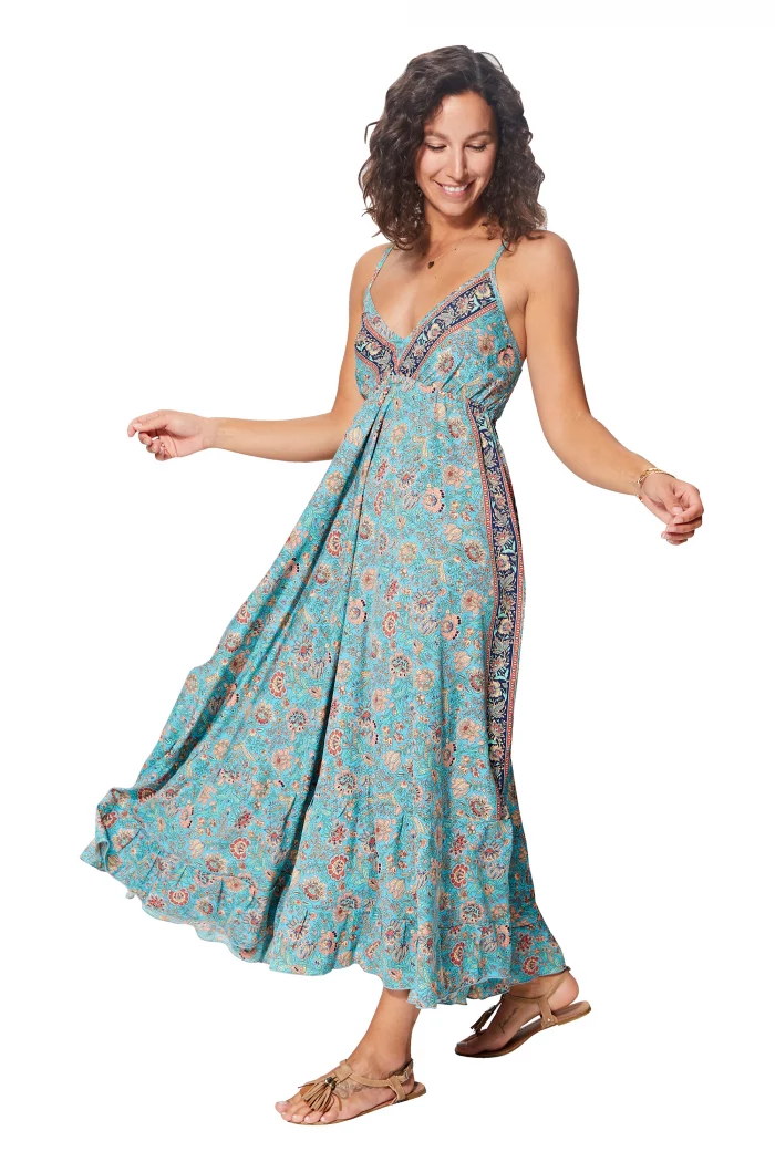 Robe longue col en v Bleue à fleurs - MAXIPA3063B – Image 1