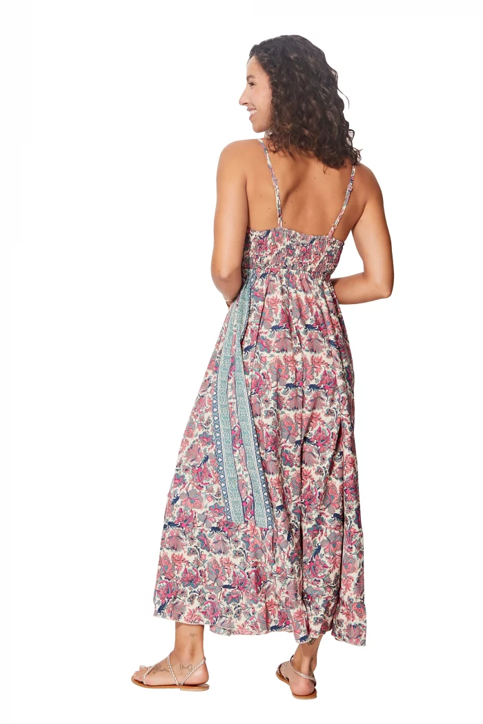 Robe longue col en v Crème à fleurs roses - MAXIPA3063A – Image 2