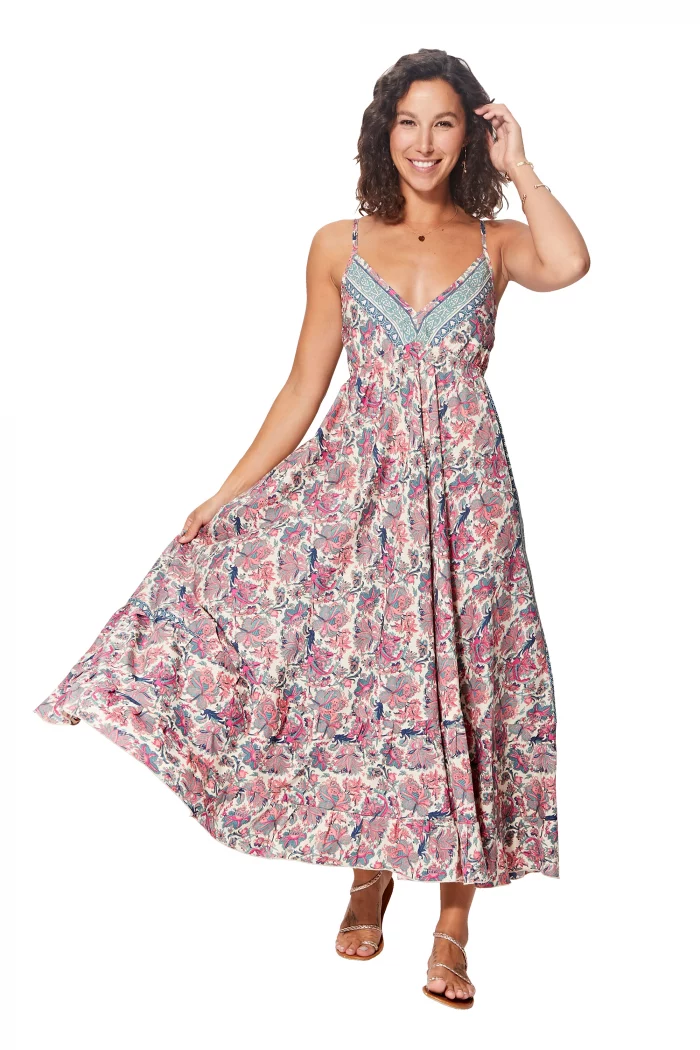 Robe longue col en v Crème à fleurs roses - MAXIPA3063A – Image 1