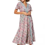 Longue Robe à nouer Crème à fleurs roses - MAXIPA3075C