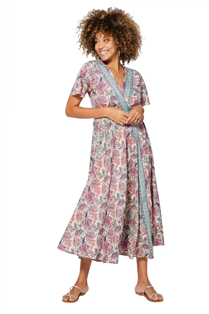 Longue Robe à nouer Crème à fleurs roses - MAXIPA3075C – Image 1