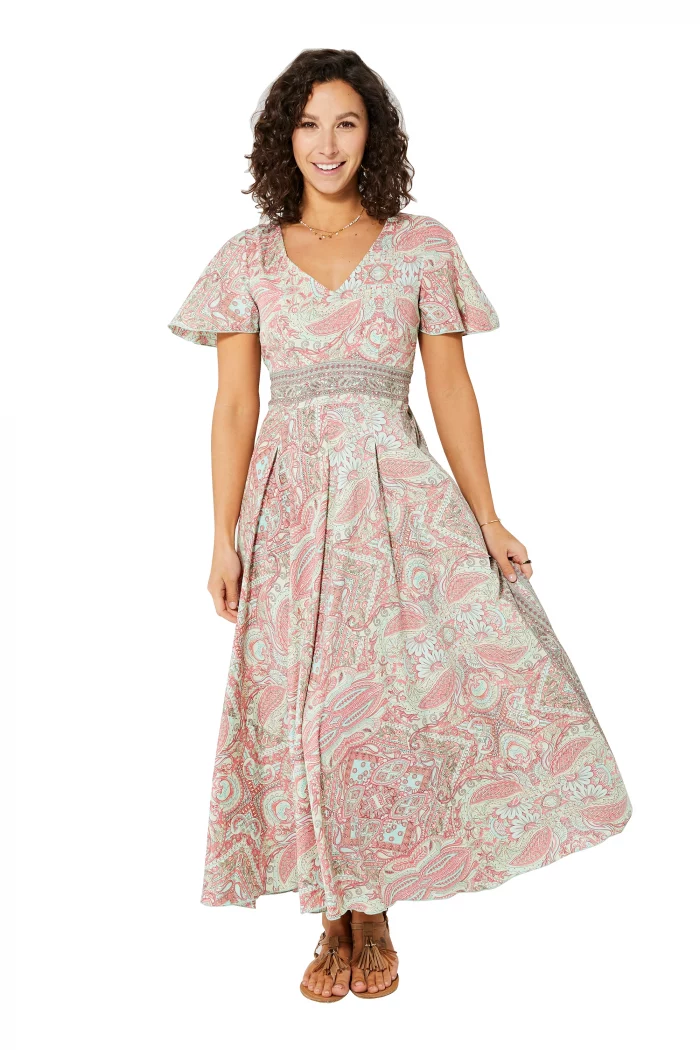 Longue Robe évasée Crème et rose - MAXIPA3077B – Image 1