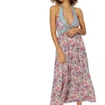 Longue Robe décolletée dos nu Crème à fleurs roses - MAXIPA3053B