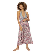 Longue Robe décolletée dos nu Crème à fleurs roses - MAXIPA3053B