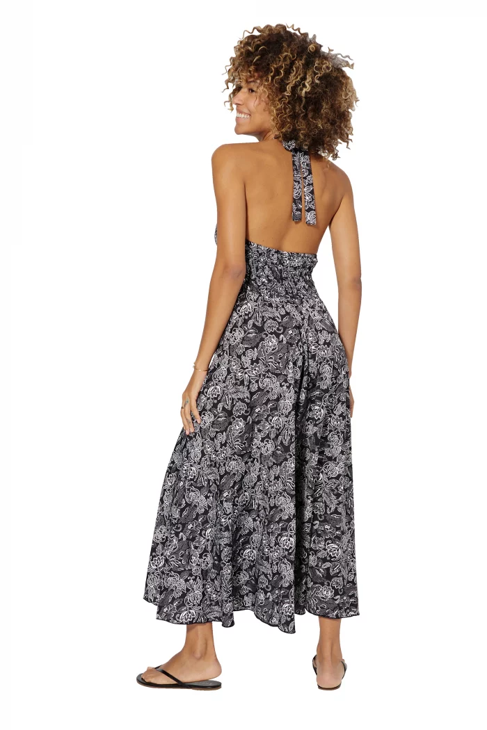 Longue Robe décolletée dos nu Noire à fleurs blanches - MAXIPA3053A – Image 2