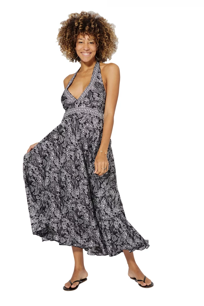 Longue Robe décolletée dos nu Noire à fleurs blanches - MAXIPA3053A – Image 1
