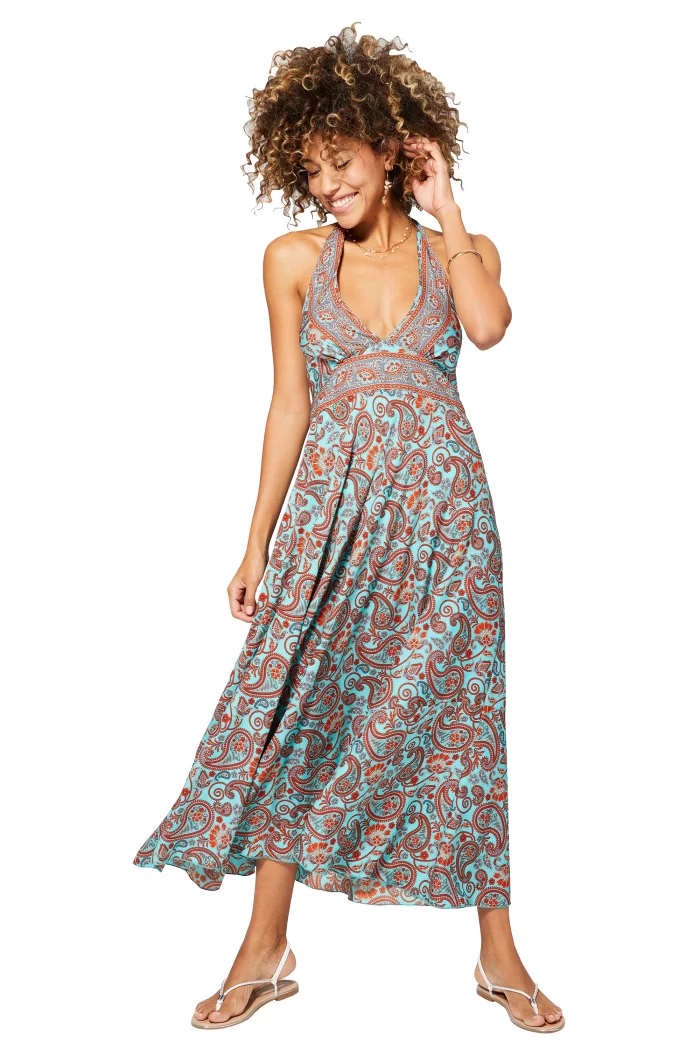 Longue Robe décolletée dos nu Turquoise et rouge - MAXIPA3053D – Image 1
