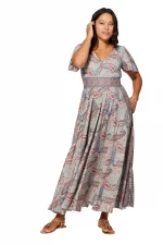 Longue Robe évasée Grise à motifs bohèmes - MAXIPA3077A