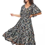 Longue Robe évasée Noire à fleurs - MAXIPA3081B