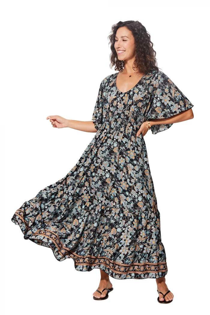 Longue Robe évasée Noire à fleurs - MAXIPA3081B – Image 1