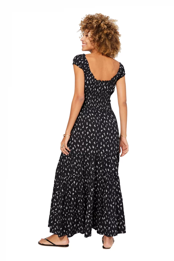 Robe longue évasée Noire à fleurs blanches - MAXIPAV0013A – Image 2