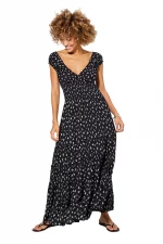 Robe longue évasée Noire à fleurs blanches - MAXIPAV0013A