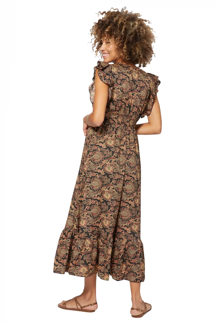 Longue Robe évasée Noire à motifs beige et rouge - MAXIPA3072B – Image 2