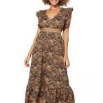 Longue Robe évasée Noire à motifs beige et rouge - MAXIPA3072B