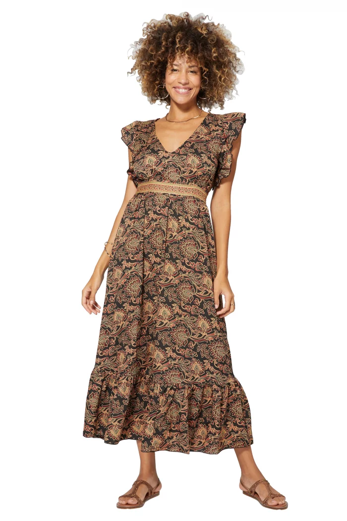 Longue Robe évasée Noire à motifs beige et rouge - MAXIPA3072B – Image 1