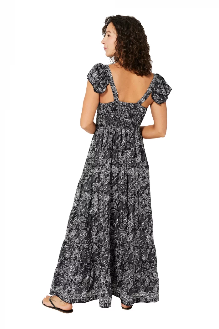 Longue Robe évasée Noire à motifs à fleurs blanches - MAXIPA3071B – Image 2