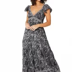 Longue Robe évasée Noire à motifs à fleurs blanches - MAXIPA3071B