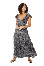 Longue Robe évasée Noire à motifs à fleurs blanches - MAXIPA3071B