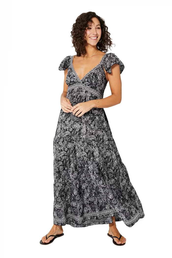 Longue Robe évasée Noire à motifs à fleurs blanches - MAXIPA3071B – Image 1