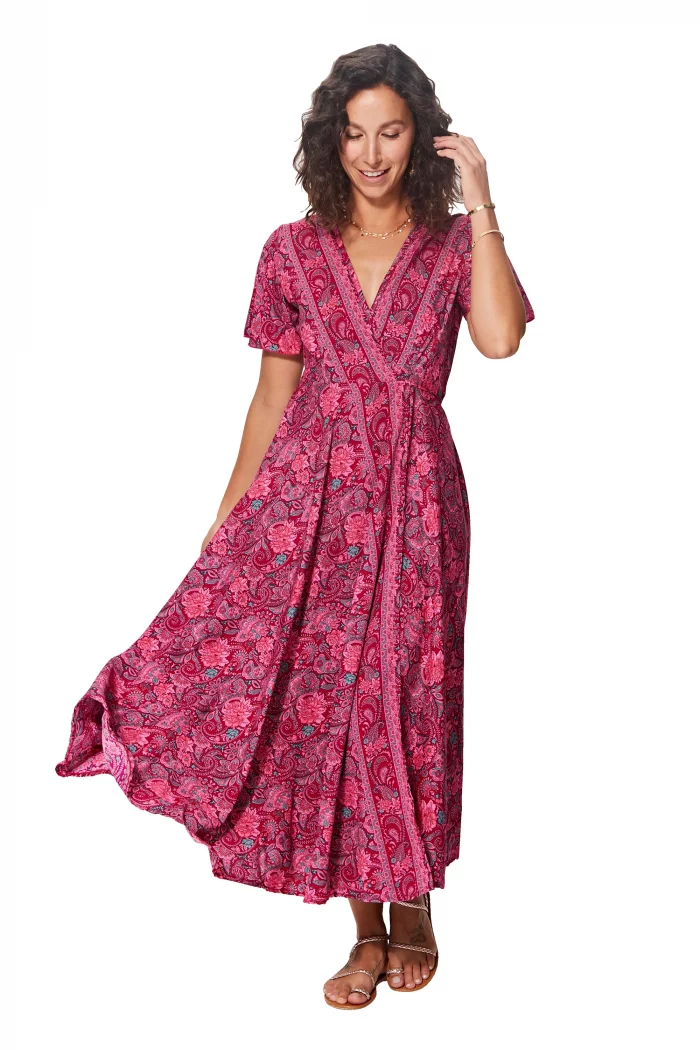 Longue Robe à nouer Rose à motifs bohèmes - MAXIPA3075B – Image 1