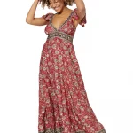 Longue Robe évasée Rouge à motifs fleuris bohèmes - MAXIPA3071A