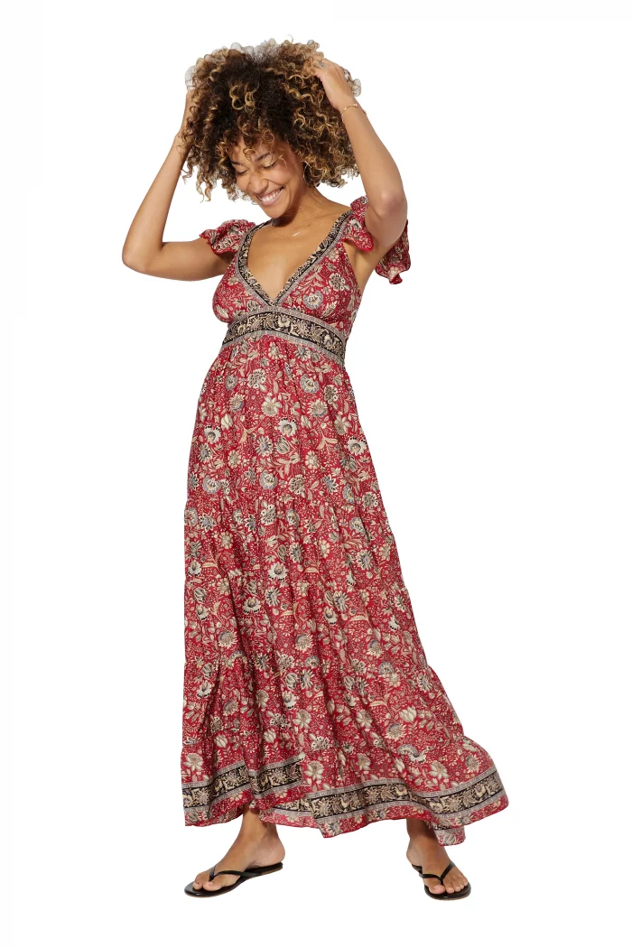 Longue Robe évasée Rouge à motifs fleuris bohèmes - MAXIPA3071A – Image 1