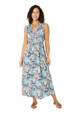 Longue Robe sans manches Bleue à motifs rouges - MAXIPA3073B