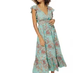 Longue Robe évasée Turquoise à motifs orange rouge - MAXIPA3072A